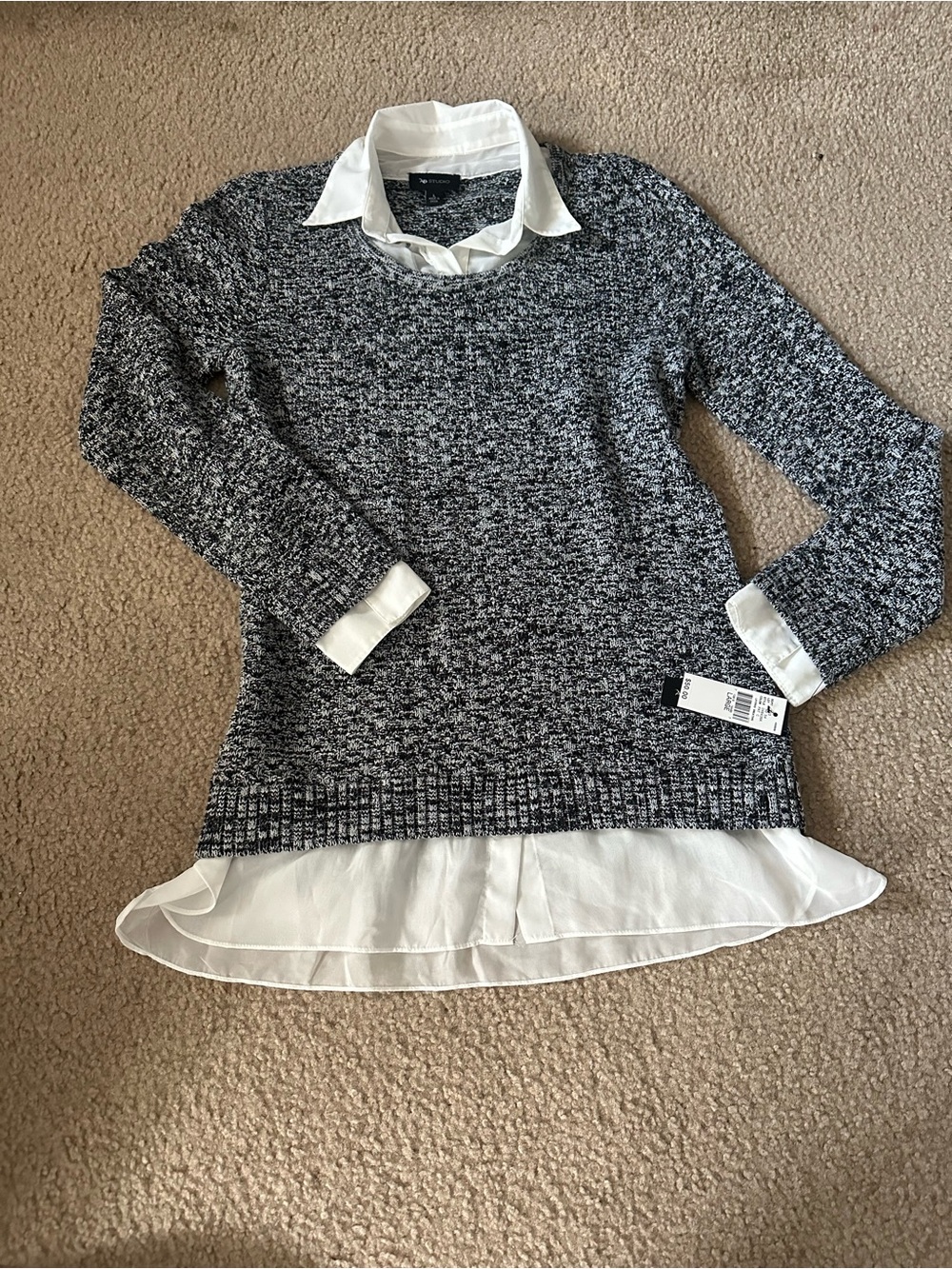 AB Studio Layered Black & White Sweater Tunic with Shirt Hem size L